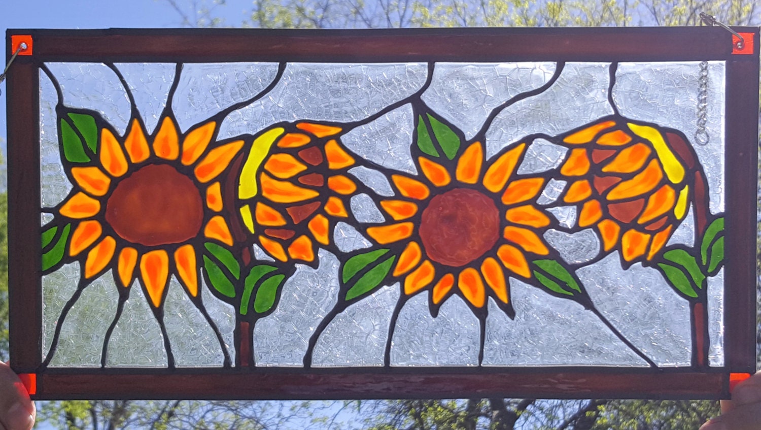 4 Sunflowers stained glass window in copper frame