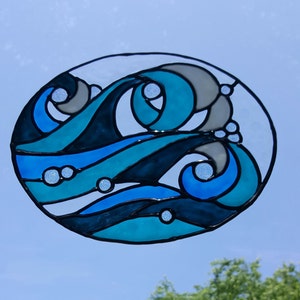 Rolling Ocean Waves stained glass window Cling