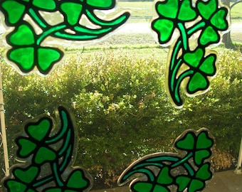 Lucky four leaf clover St Patricks day corner window peices Stained glass window Clings