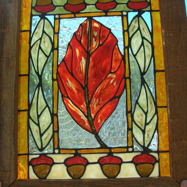 Fall Leaf Harvest Art  Amber old fashion crackle acrylic glass window in wood frame