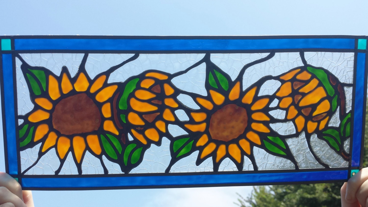 4 Sunflowers stained glass window with blue framed