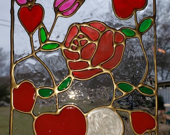 Hearts with Many Roses Stained Gold  leading glass window Cling