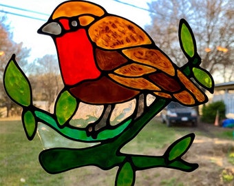 Robin on a Branch Stained Glass Cling