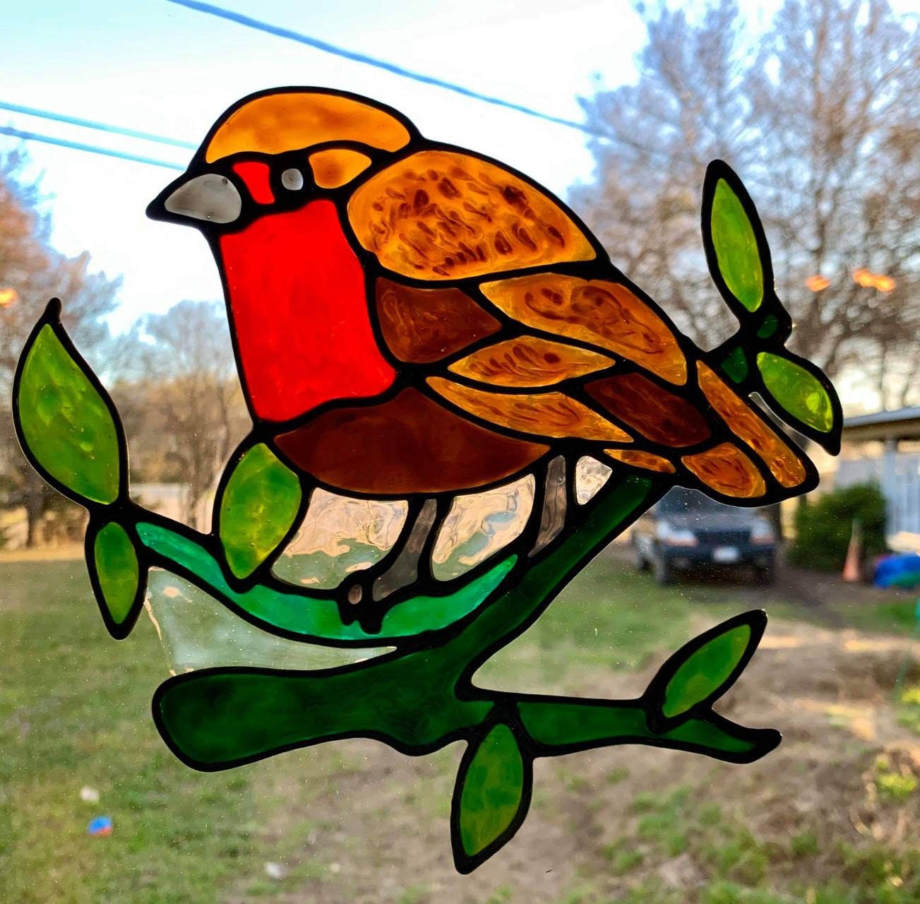 Robin on a Branch Stained Glass Cling Etsy