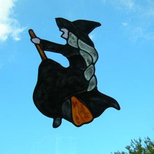 Flying Witch and broom stained glass window Cling 5 x 7.5