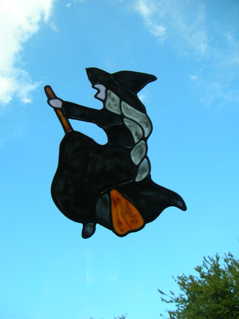 Flying Witch and broom stained glass window Cling 5 x 7.5 image 1