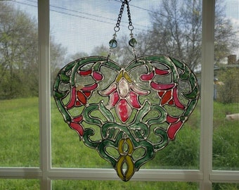 Heart Stained glass window on acrylic glass Suncatcher with glass beads