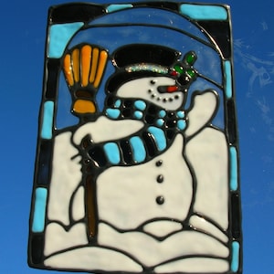 Snowman in Checkers with Broom Stained Glass Window Cling 8 x 6