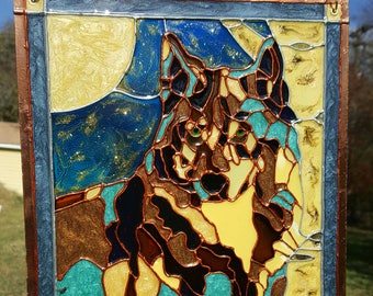 Wolf in the moon Stained glass window Suncatcher