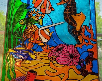 Ocean, Octopus and Crabs Windows Custom stained glass acrylic 25.5 x 18.5