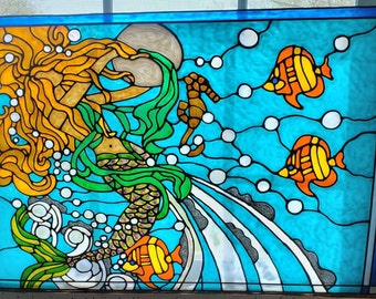 mermaid and moon  seahorsenautical ocean Horizontal stained glass window