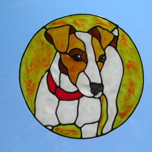 Jack Russell dog with red collar stained glass window Cling 8 x 8 inches image 2