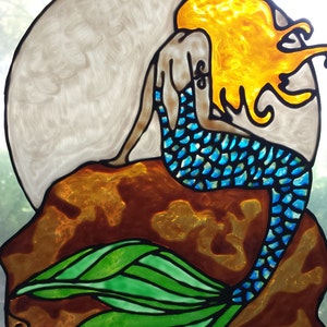 Mermaid with moon on rock stained glass window cling