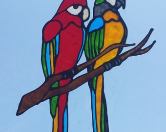 Two Parrots On A Branch Stained Glass Window Cling