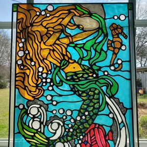 mermaid, seahorse,nautical ocean stained glass window image 2