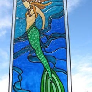 Mermaid in seaweed ocean nautical stained glass window zdjęcie 1