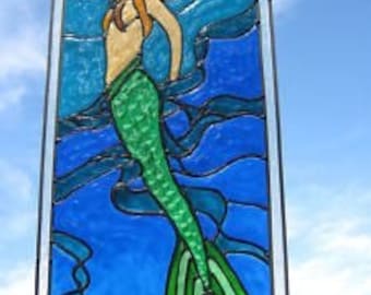 Mermaid in seaweed ocean nautical stained glass window