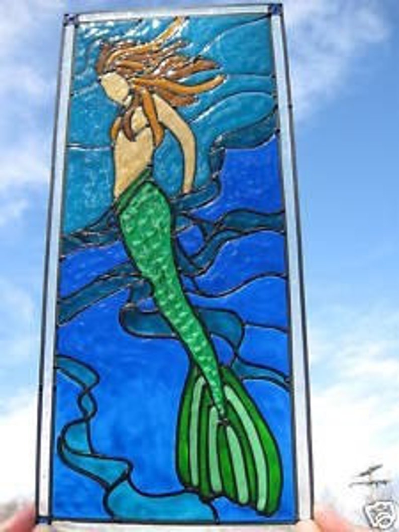 Mermaid in seaweed ocean nautical stained glass window zdjęcie 1