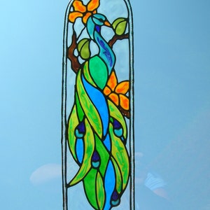 Peacock with tropical flowers stained glass window Cling