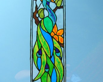 Peacock with tropical flowers stained glass window Cling