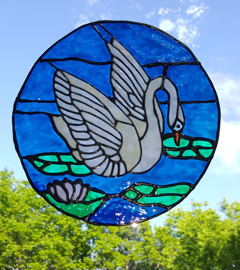 Swan in the pond Stained glass window Cling image 1