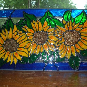 Sunflowers Colbalt Blue Stained acrylic glass window 13.5 x 7