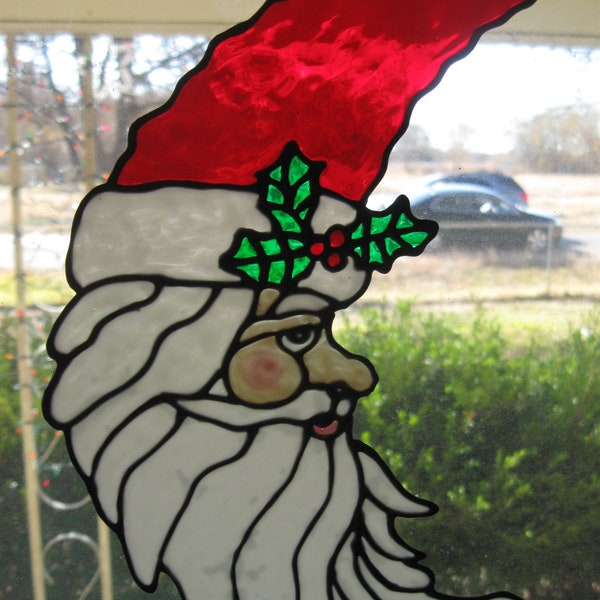 Cresent Santa Witth Holly Stained Glass Window Cling