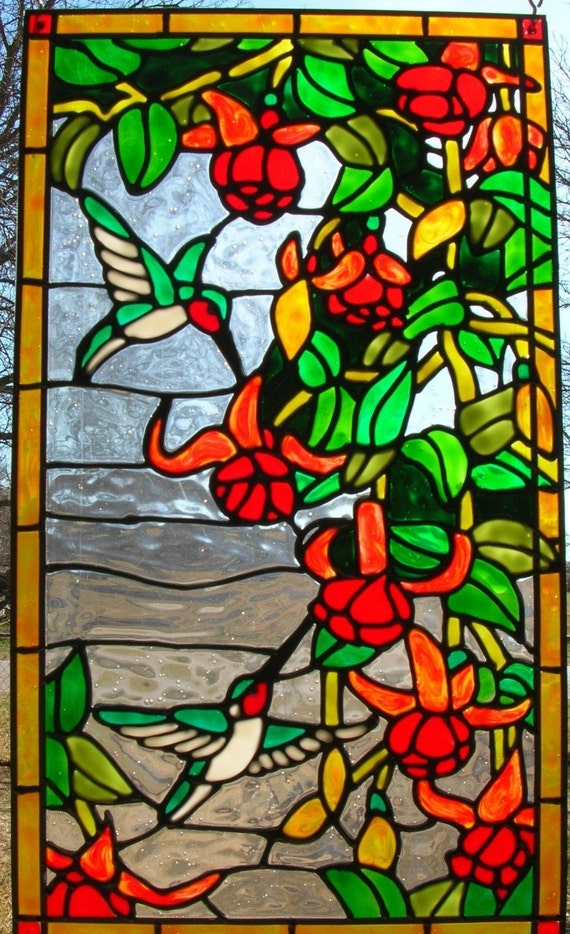 Hummingbirds With Red Tropical Flowers Stained Glass Window Etsy