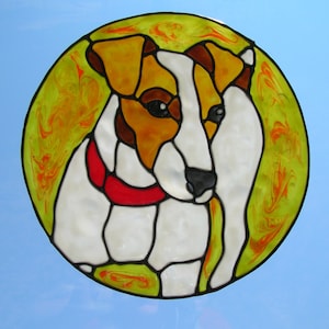 Jack Russell dog with red collar stained glass window Cling 8 x 8 inches image 1