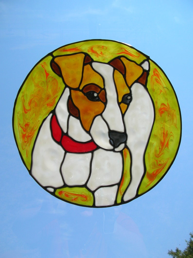 Jack Russell dog with red collar stained glass window Cling 8 x 8 inches image 1