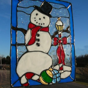 Snowman in Top Hat with Lantern-Stained Glass Window Cling 8 x 6.5