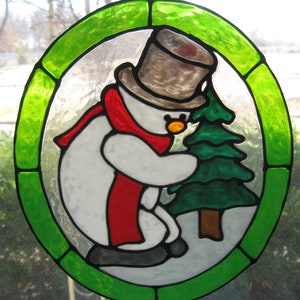 Snowman with a Christmas Tree Stained Glass Window Cling