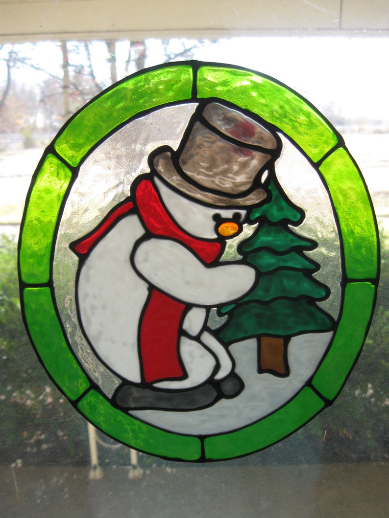 Snowman With a Chritmas Tree Stained Glass Window Cling - Etsy