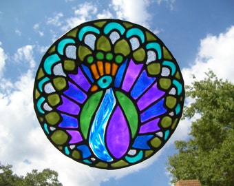 Peacock bird stained glass window Cling 7.5 diameter