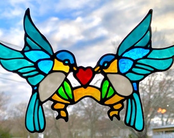Spring birds holding a heart stained glass window CLING you get two of these