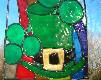 St Patricks Day clovers and hat Stained glass window Cling