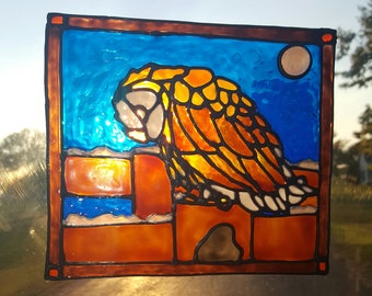 Owl on fence in the snow Stained Glass Cling