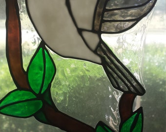 Black and White Bird On Branch Stained Glass Cling