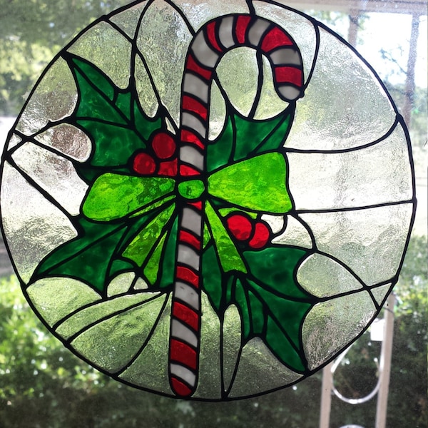 Candy Cane Bow Stained Glass Window Cling