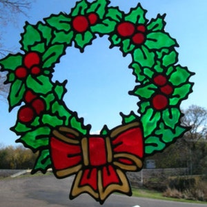 Wreath Holly Christmas stained glass window Cling