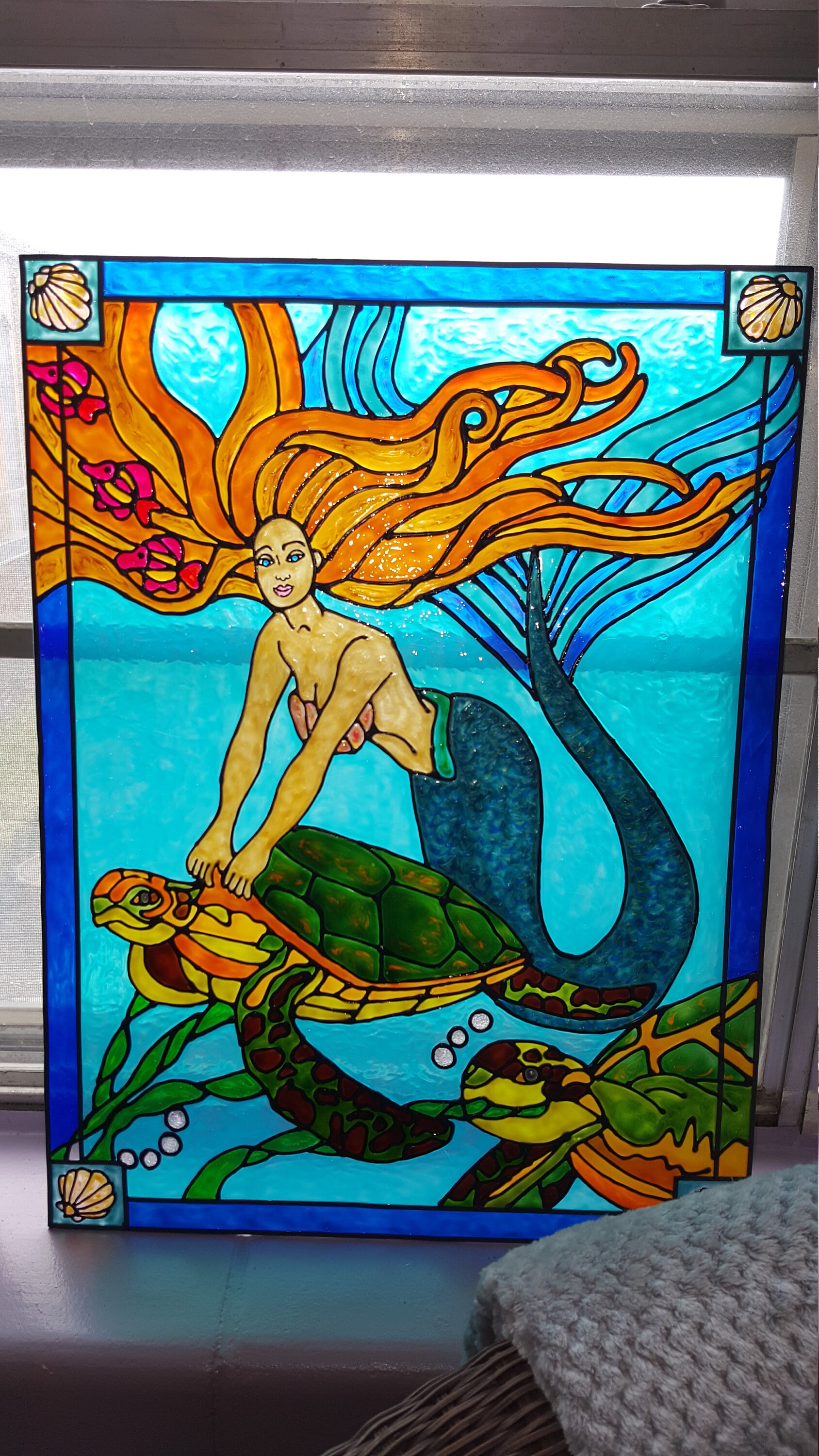 Mermaid with Turtles Stained actylic glass window