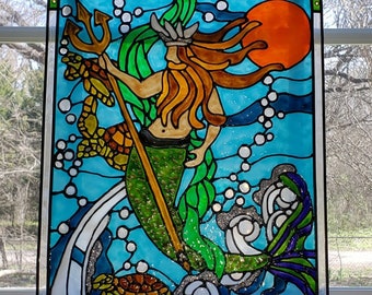 King Neptune and turtles nautical ocean stained glass window