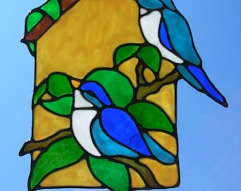 Spring birds outside birdhouse stained glass window Cling