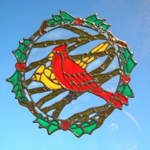 Cardinals in a Christmas Wreath-Stained Glass Window Cling