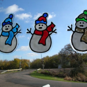 6 Snowmen with scarfs and hats stained glass window CLINGS