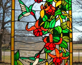 hummingbirds with red tropical flowers stained glass window acrylic