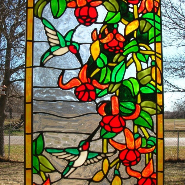 hummingbirds with red tropical flowers stained glass window acrylic