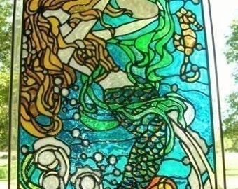 mermaid, seahorse,nautical ocean stained glass window