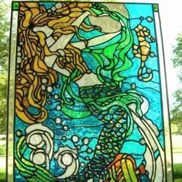 mermaid, seahorse,nautical ocean stained glass window
