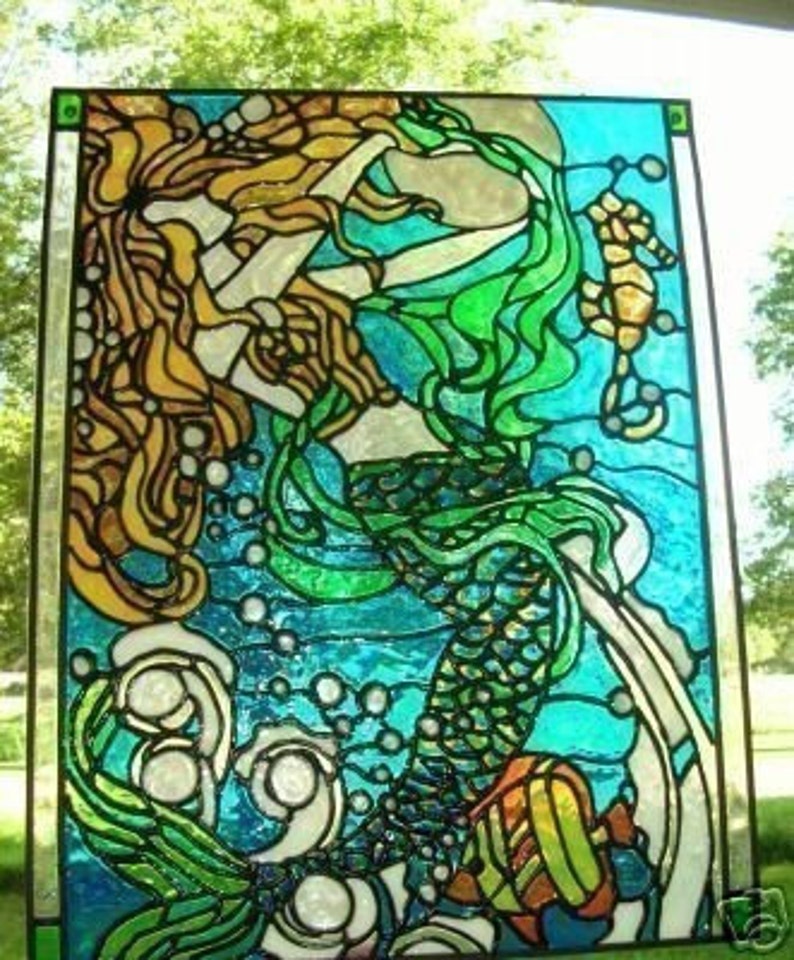 mermaid, seahorse,nautical ocean stained glass window image 1